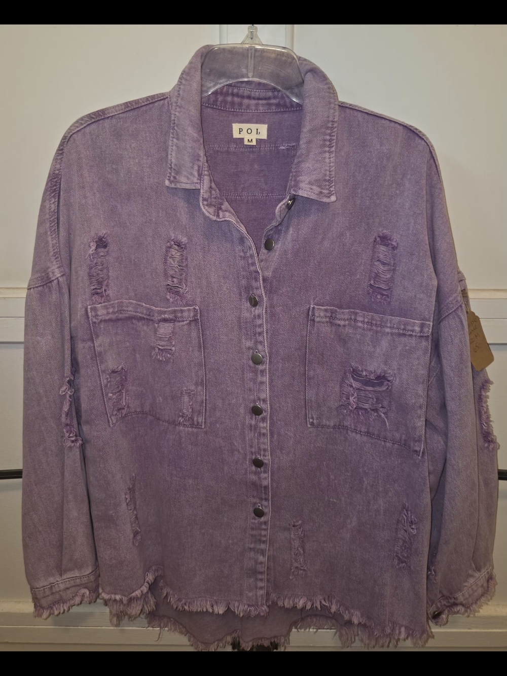 POL Purple Distressed Jean Jacket with Floral Skull SzM Runs Oversized - Picture 2 of 3